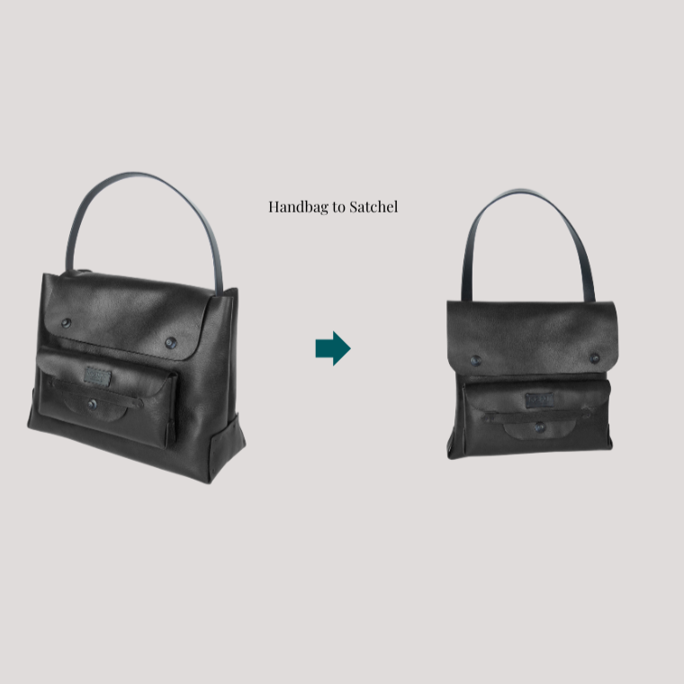 Two black handbags, one with a handle and the other with a flap, on a light gray background.