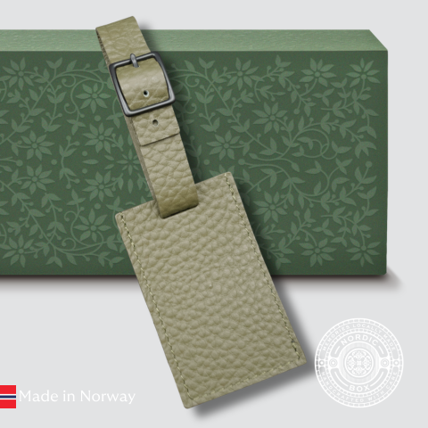 Bagasjelapp i olivengrønt skinn
